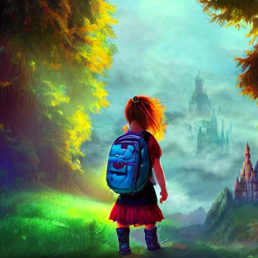 Child girl, adventurer looking at a giant  fantasy castle , backpack, illustration, fantasy art, dramatic light , saturated colors , --upbeta --q 2 --v 4