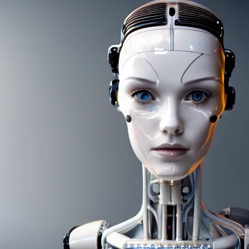 nousr robot, complex 3d render ultra detailed of a beautiful porcelain profile woman android face, cyborg, robotic parts, 150 mm, beautiful studio soft light, rim light, vibrant details, luxurious cyberpunk,  hyperrealistic, anatomical, facial muscles, cable electric wires, microchip, elegant, beautiful background, octane render, 8k 