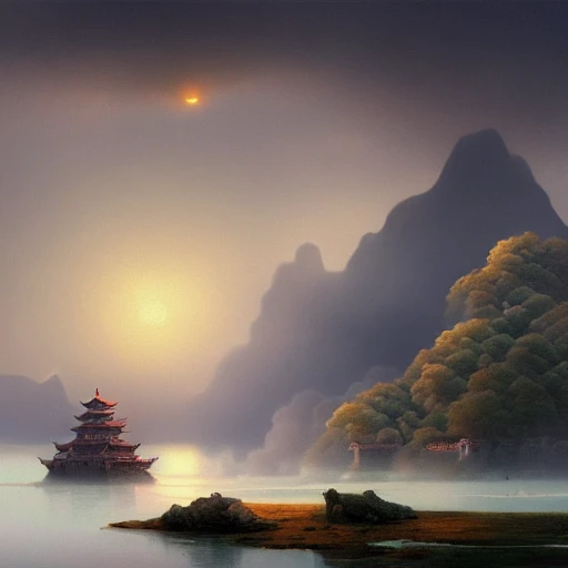 In the morning light， Chinese anciennas on an abandoned
island in the sea， storm， sakura， Megnincent，and antastic John Howe
landscape， clouds， farm， Fairy tale， litht effect
Dream， Ivan Aivazovsky， artstation