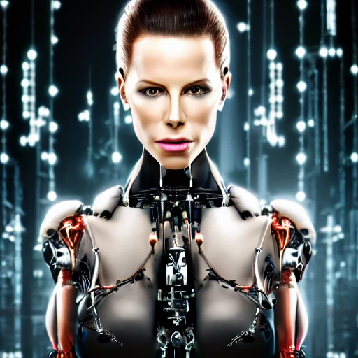 Beautiful cyborg, female face resembling actress Kate Beckinsale, robotic parts, edge light, vibrant details, luxurious cyberpunk, hyper-realistic, anatomical, facial muscles, electrical wires, microchips, elegant, beautiful background, 8k