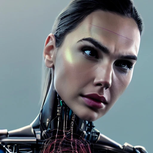 Beautiful cyborg female face,looks like actress Gal Gadot,robotic parts,edge light,vibrant details,luxurious cyberpunk,hyperrealistic,anatomical,facial muscles,electric wires,microchip,elegant,beautiful background,8k
