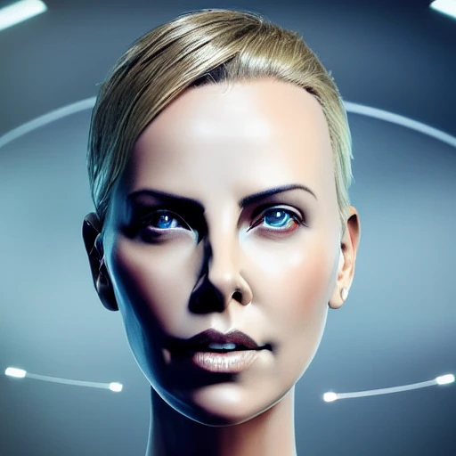 Robotic face looking like Charlize Theron,ultra detailed,beautiful android face in profile,cyborg,robotic parts,150mm,nice soft studio light,edge light,vibrant detail,luxury cyberpunk,hyper-realistic,anatomical,facial muscles,electric wires, microchip, elegant, beautiful background, octane rendering, 8k