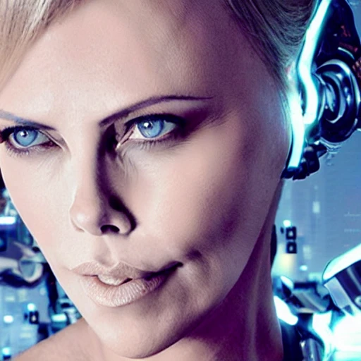 Bellissimo cyborg, volto femminile che ricorda l'attrice Charlize Theron, parti robotiche, luce ai bordi, dettagli vibranti, lussuoso cyberpunk, iperrealistico, anatomico, muscoli facciali, cavi elettrici, microchip, elegante, bellissimo sfondo, 8k