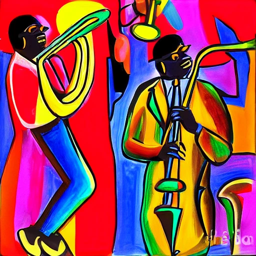 Jazzman, cuba, black man, colorful clothes, jazz atmosphere, drawing, acrylic paint, group of musicians, double bass, sax, trumpet, fat man, jacques-de-kerdrel style, art deco