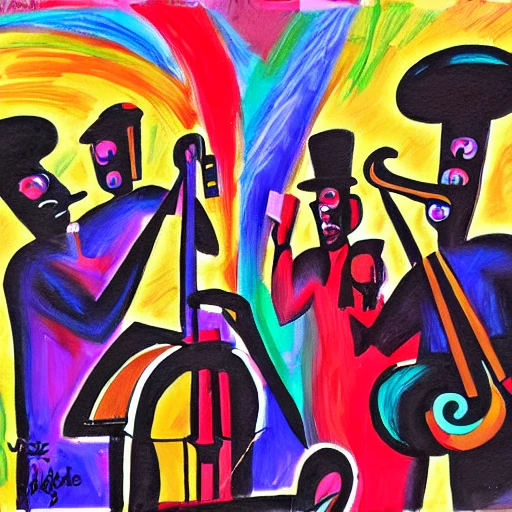 Jazzman, cuba, black man, colorful clothes, jazz atmosphere, drawing, acrylic paint, group of musicians, double bass, sax, trumpet, fat man, jacques-de-kerdrel style, art deco, Oil Painting