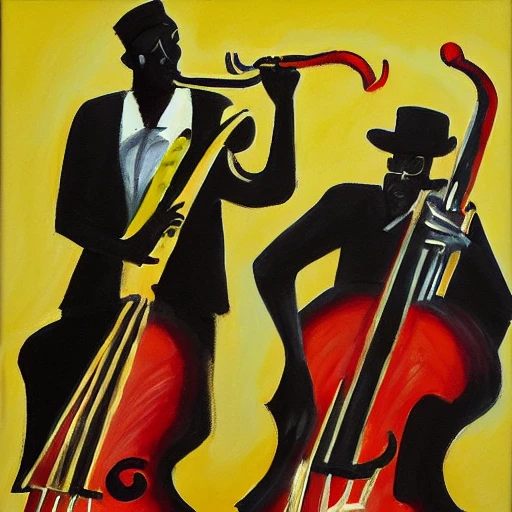 Jazzman, cuba, black man, jazz atmosphere, drawing, acrylic paint, group of musicians, double bass, sax, trumpet, fat man, jacques-de-kerdrel style, art deco, Oil Painting