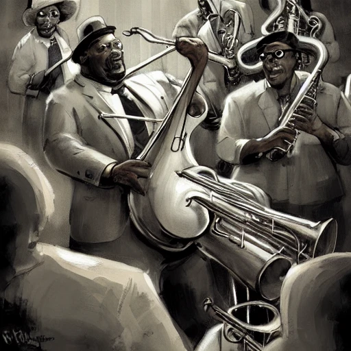 Jazzman, cuba, black man, jazz atmosphere, group of musicians, double bass, sax, trumpet, fat man,high contrast, blacksad, kim jung gi, greg rutkowski, trending on artstation, Cartoon