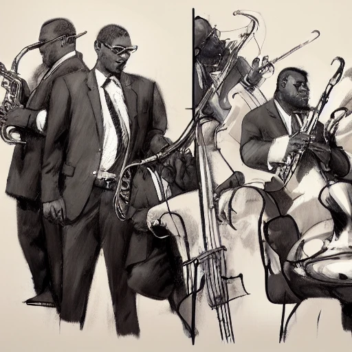 Jazzman, cuba, black man, jazz atmosphere, group of musicians, double bass, sax, trumpet, fat man,high contrast, blacksad, kim jung gi, greg rutkowski, trending on artstation, Pencil Sketch