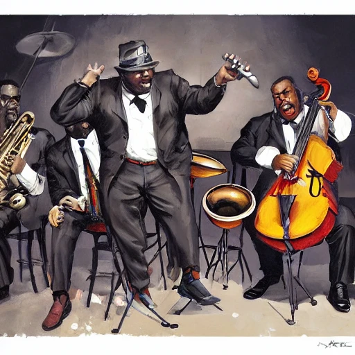 Jazzman, cuba, black man, jazz atmosphere, group of musicians, double bass, sax, trumpet, fat man,high contrast, blacksad, kim jung gi, greg rutkowski, trending on artstation,acrylic painting
