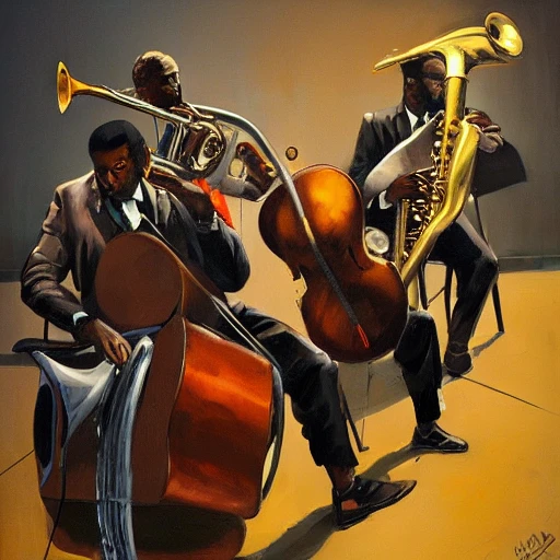 Jazzman, cuba, black man, jazz atmosphere, group of musicians, double bass, sax, trumpet, fat man,high contrast, blacksad, kim jung gi, greg rutkowski, trending on artstation,acrylic painting, human

