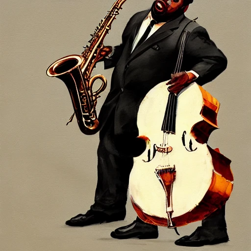 Jazzman, cuba, black man, jazz atmosphere, group of musicians, double bass, sax, trumpet, fat man,high contrast, blacksad, kim jung gi, greg rutkowski, trending on artstation,acrylic painting, human detailed

