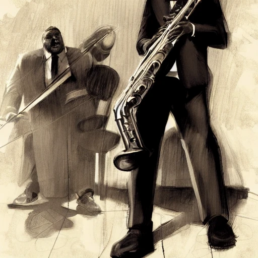 Jazzman, cuba, black man, jazz atmosphere, group of musicians, double bass, sax, trumpet, fat man,high contrast, blacksad, greg rutkowski, trending on artstation, Pencil Sketch