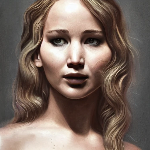 Jennifer Lawrence with long hair, perfect composition, beautiful detailed intricate insanely detailed render trending on artstation, 8k artistic photography, photorealistic concept art, soft natural volumetric cinematic perfect light, chiaroscuro, award - winning photograph, masterpiece, oil on canvas, raphael, caravaggio, greg rutkowski, beeple, beksinski, giger, 3D