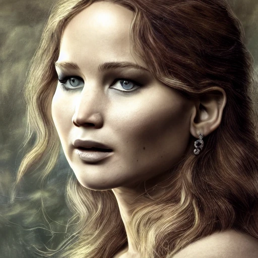 Jennifer Lawrence with long hair, perfect composition, beautiful detailed intricate insanely detailed render trending on artstation, 8k artistic photography, photorealistic concept art, soft natural volumetric cinematic perfect light, chiaroscuro, award - winning photograph, masterpiece, oil on canvas, raphael, caravaggio, greg rutkowski, beeple, beksinski, giger, Pencil Sketch