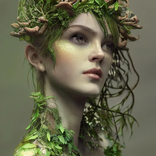 Beautiful young woman, female dryad, fantasy style, perfect composition, beautiful detailed intricate insanely detailed render trending on artstation, 8k artistic photography, photorealistic concept art, soft natural volumetric cinematic perfect light, chiaroscuro, award - winning photograph, masterpiece, oil on canvas