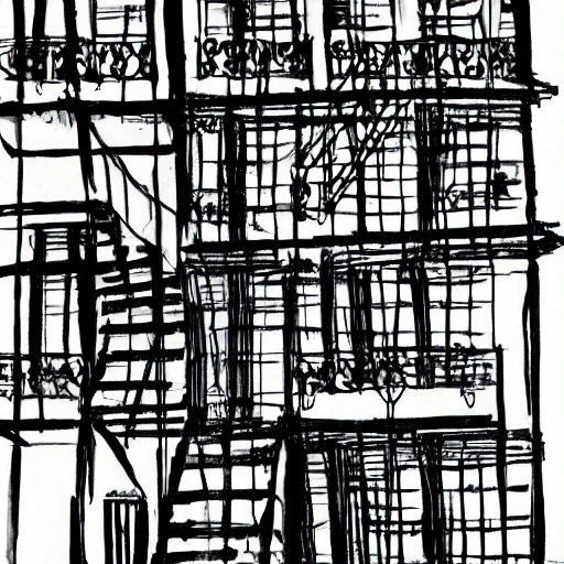 a maze, many stairs and black doors, some black roles, ink