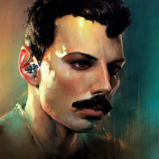 Professional painting of freddie Mercury by Jeremy Mann, Rutkowski, Artstation, intricate details, face, portrait, headshot, illustration