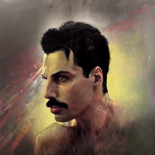 Professional painting of freddie Mercury by Jeremy Mann, Rutkowski, intricate details, face, portrait, headshot, illustration