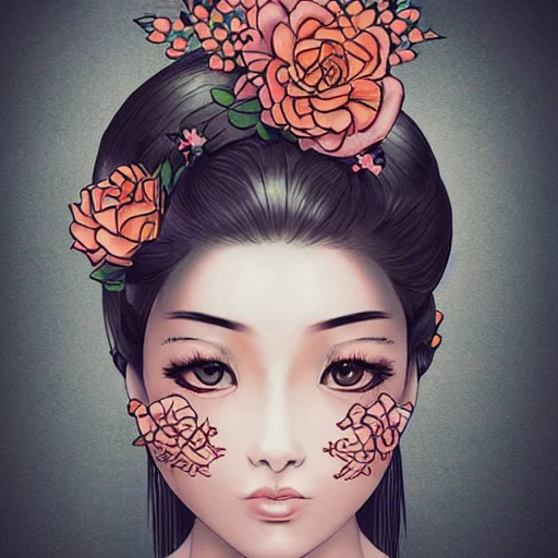 tattoo design, stencil, traditional, beautiful portrait of a chinese girl with flowers in her hair, upper body, by artgerm, artgerm, digital art, cat girl, anime eyes, anime, sexy-s 100 vision stone amethist