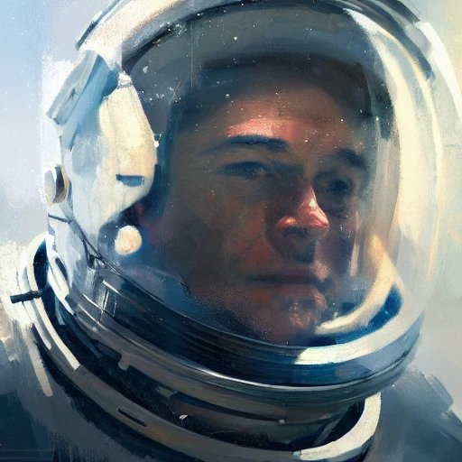Professional impressionist painting of an astronaut in the styles of Jeremy Mann, Rutkowski and other Artstation illustrators, intricate details, face, portrait, headshot, illustration, UHD, 4K
