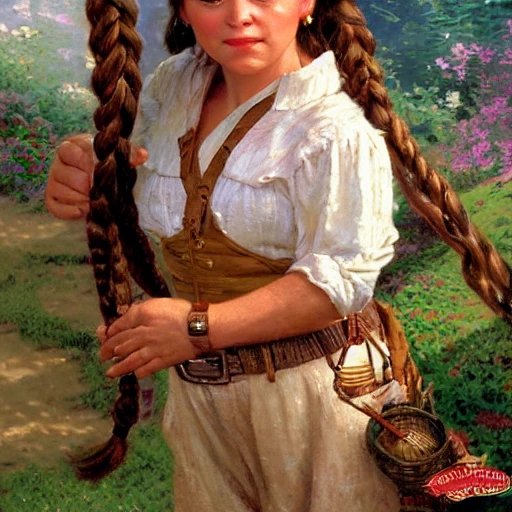 medium shot portrait of a dwarf woman, short stocky broad body, big nose, by thomas kinkade, steve hanks, J.C.Leyendecker, rpg art, braided hair, Oil Painting