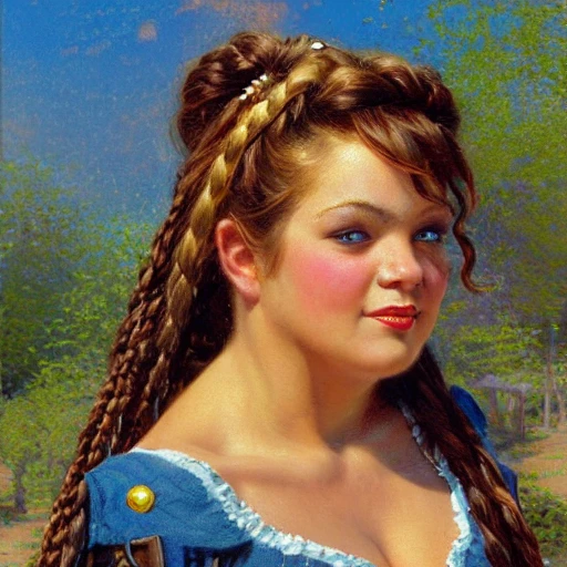 medium shot portrait of a dwarf woman, short stocky broad body, big nose, cleavage, by thomas kinkade, steve hanks, J.C.Leyendecker, rpg art, braided hair, Oil Painting