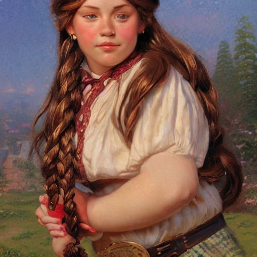 medium shot portrait of a dwarf woman, short stocky broad body, big nose, cleavage, by thomas kinkade, steve hanks, J.C.Leyendecker, rpg art, braided hair, Oil Painting