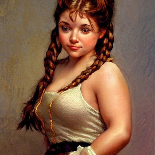 medium shot portrait of a dwarf woman, short stocky broad body, big nose, cleavage, by thomas kinkade, steve hanks, J.C.Leyendecker, rpg art, braided hair, Oil Painting