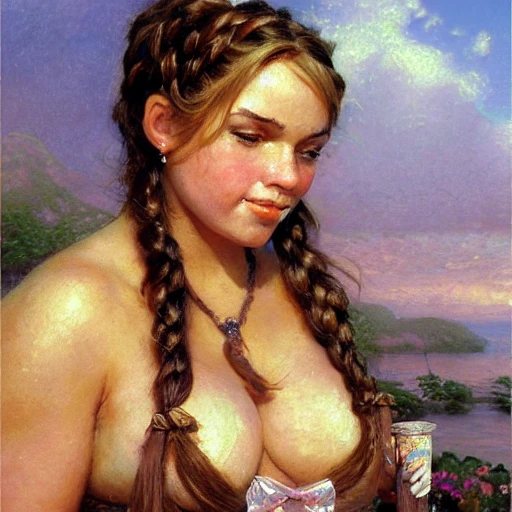 medium shot portrait of a dwarf woman, short stocky broad body, big nose, cleavage, by thomas kinkade, steve hanks, J.C.Leyendecker, rpg art, braided hair, Oil Painting