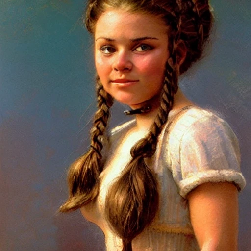 medium shot portrait of a dwarf woman, short stocky broad body, big nose, cleavage, by thomas kinkade, steve hanks, J.C.Leyendecker, rpg art, braided hair, Oil Painting