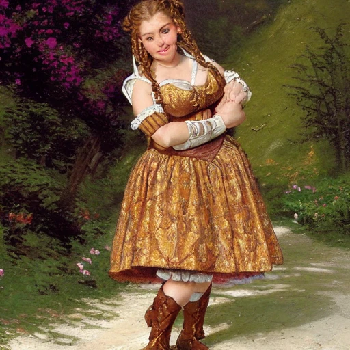 medium shot portrait of a dwarf noblewoman wearing a brocade dress, short stocky broad body, big nose, cleavage, by thomas kinkade, steve hanks, J.C.Leyendecker, rpg art, braided hair, Oil Painting