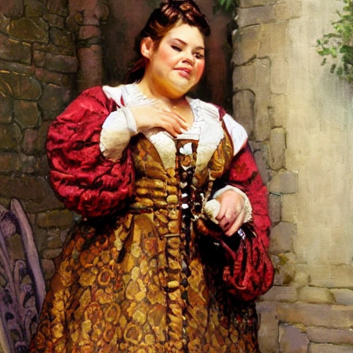 medium shot portrait of a dwarf noblewoman wearing a brocade dress, short stocky broad body, big nose, cleavage, by thomas kinkade, steve hanks, J.C.Leyendecker, rpg art, braided hair, Oil Painting