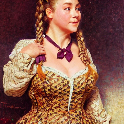 medium shot portrait of a dwarf noblewoman wearing a brocade dress, short stocky broad body, big nose, cleavage, by thomas kinkade, steve hanks, J.C.Leyendecker, rpg art, braided hair, Oil Painting