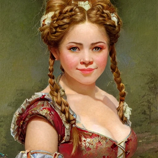 medium shot portrait of a dwarf noblewoman wearing a brocade dress, short stocky broad body, big nose, big cleavage, by thomas kinkade, steve hanks, J.C.Leyendecker, rpg art, braided hair, Oil Painting