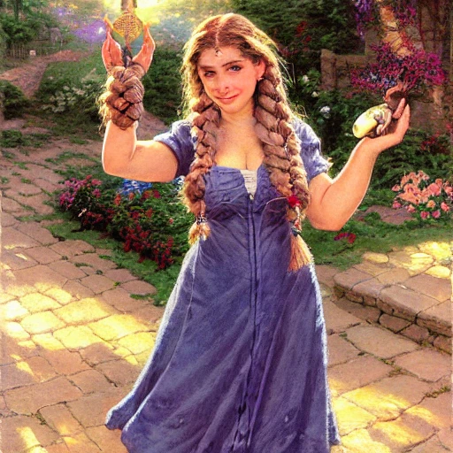 medium shot portrait of a female dwarf astrologist wearing a dress, short stocky broad body, big nose, big cleavage, by thomas kinkade, steve hanks, J.C.Leyendecker, rpg art, braided hair, Oil Painting