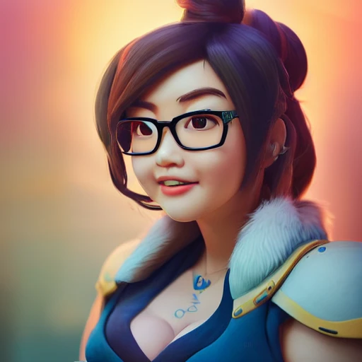 hyperdetailed beautiful waist-up portrait of mei from overwatch as a disney pixar character, hd detailed texture, excellent 3D render, 8k, octane render, soft lighting, hyperrealistic, sharp focus, golden hour, specularity, reflections, Mei-Ling Zhou, chubby, 3D