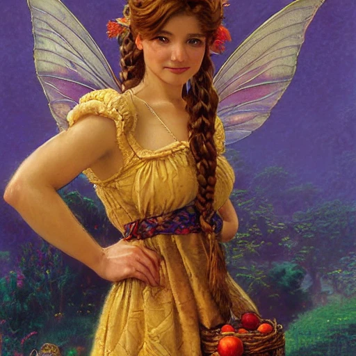 medium shot portrait of a female faerie fruit seller wearing a dress, secret of mana, short stocky broad body, big nose, big cleavage, by thomas kinkade, steve hanks, J.C.Leyendecker, rpg art, braided hair, Oil Painting

