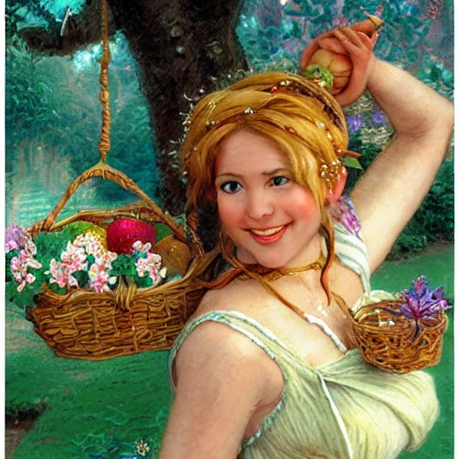 medium shot portrait of a female faerie fruit seller wearing a dress, secret of mana, short stocky broad body, big nose, big cleavage, by thomas kinkade, steve hanks, J.C.Leyendecker, rpg art, braided hair, Oil Painting

