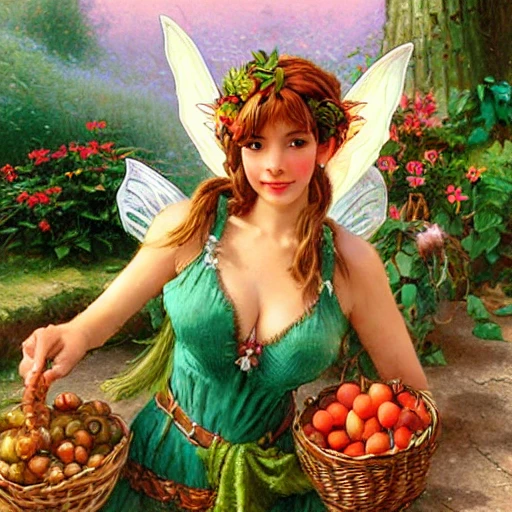 medium shot portrait of a female faerie fruit seller wearing a dress, secret of mana, short stocky broad body, big nose, big cleavage, by thomas kinkade, steve hanks, J.C.Leyendecker, rpg art, braided hair, Oil Painting

