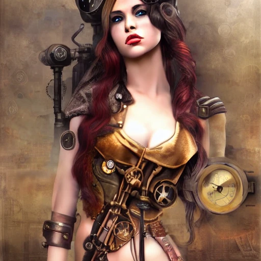 Steampunk character, female, with long hair, with steampunk background, high definition, super realistic, super details, 4K, 3D, Oil Painting