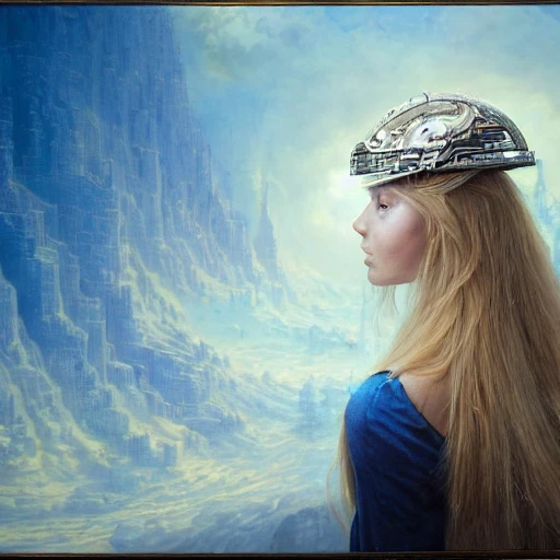 highly detailed painting of beautiful girl with white long hair in a helmet in blue light, epic scale, insanely complex, hyperrealism, Cinematic, Realistic, shot on IMAX 20mm, high contrast, HDR, by Greg Rutkowski, steampunk, sharp focus, by Gediminas Pranckevicius, by Peter Mohrbacher, by Sam Does Arts, by Vincent Di Fate