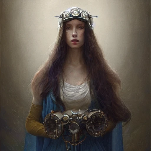 highly detailed painting of beautiful girl with white long hair in a helmet in blue light, epic scale, insanely complex, hyperrealism, Cinematic, Realistic, shot on IMAX 20mm, high contrast, HDR, by Greg Rutkowski, steampunk, sharp focus, by Gediminas Pranckevicius, by Peter Mohrbacher, by Sam Does Arts, by Vincent Di Fate