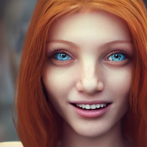 1girl, a real perfect female anatomy of ginger beautiful female smiling,   medium shot, masterpiece, look at viewer, {{beautiful detailed face}}, perfect face, {{perfect eyes}}, perfect lips, extremely detailed, 1K wallpaper, Film Grain,  post processing, epic cinematic, octane render , denoise, redshift style