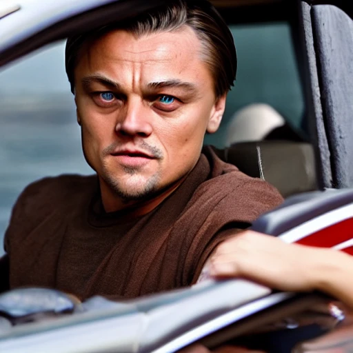 Realistic photo of Leonardo di Caprio realistic, driving a toy car, extremely detailed, natural light, 8k, 
