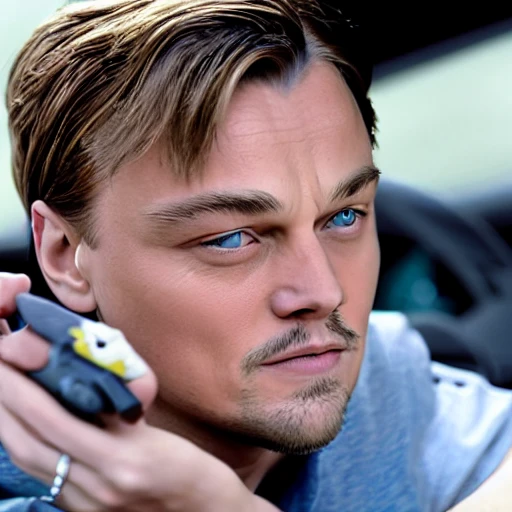 Realistic photo of Leonardo di Caprio realistic, driving a toy car, extremely detailed, natural light, 8k, full body

