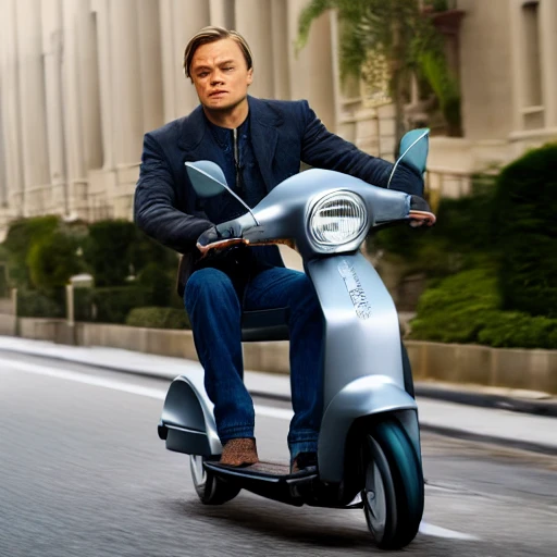 Realistic photo of Leonardo di Caprio realistic, driving a electric scooter, extremely detailed, natural light, 8k, full body

