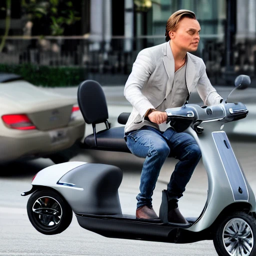 Realistic photo of Leonardo di Caprio, driving a electric scooter, extremely detailed, natural light, 8k, full body

