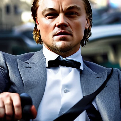 Realistic photo of Leonardo di Caprio, driving a electric scooter, extremely detailed, natural light, 8k, full body

