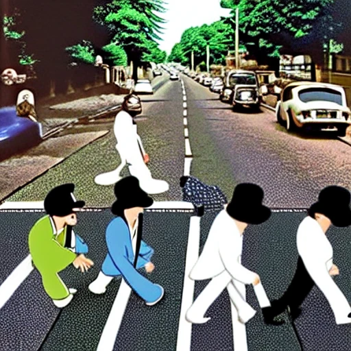 white  ribbits crossing Abbey Road like the beatles music album, Cartoon
