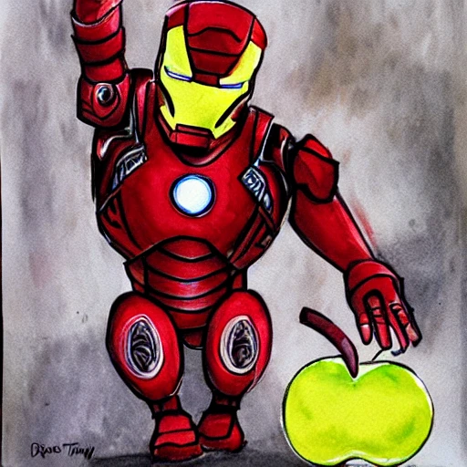 iron man eat apple, Cartoon, Water Color